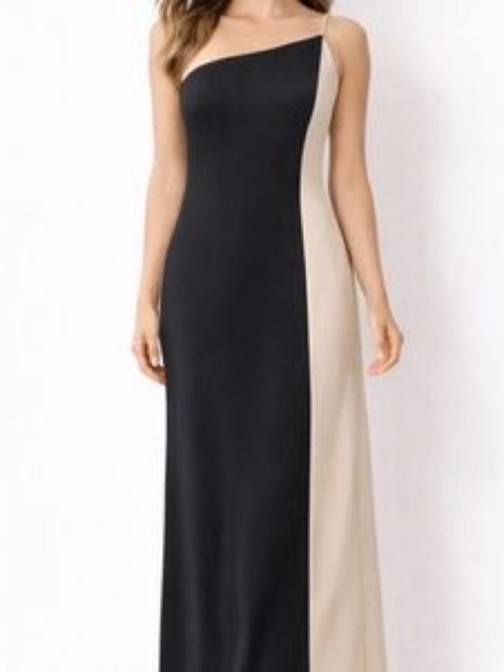 Two-Tone, One Shoulder Black and Cream Satin Slip Gown